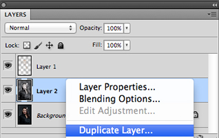 Пункт Duplicate Layer в меню палитры слоев Layers.