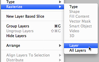 Выбор пункта Rasterize в меню Layers и подпункта Layer.