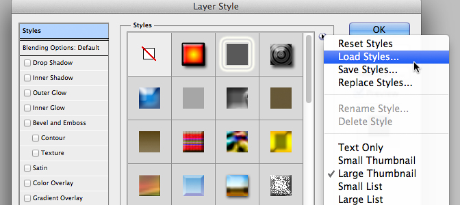 Загрузка стилей при помощи диалогового окна стилей слоя Layer Style. Раздел Styles.